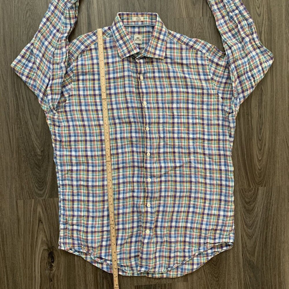 Peter Millar Shirt Mens Large Blue Pink Plaid Button Up Casual Pocket 100% Linen - Picture 5 of 7